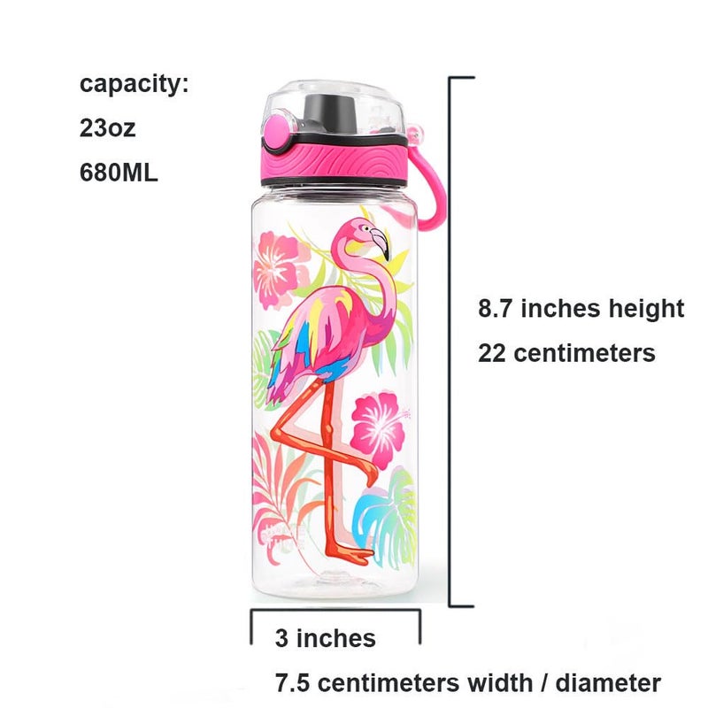 Home Tune Cute Water Bottle for School Kids Girls, BPA FREE Tritan & Leak Proof & Easy Clean & Carry Handle, 23oz/ 680ml - Flamingo - Image 3